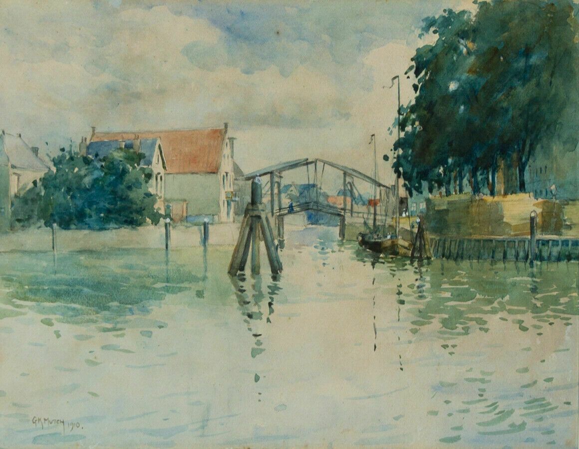 George Kirkton Mutch (1877 1960)   Framed 1910 Watercolour, Dutch Town photo furniture