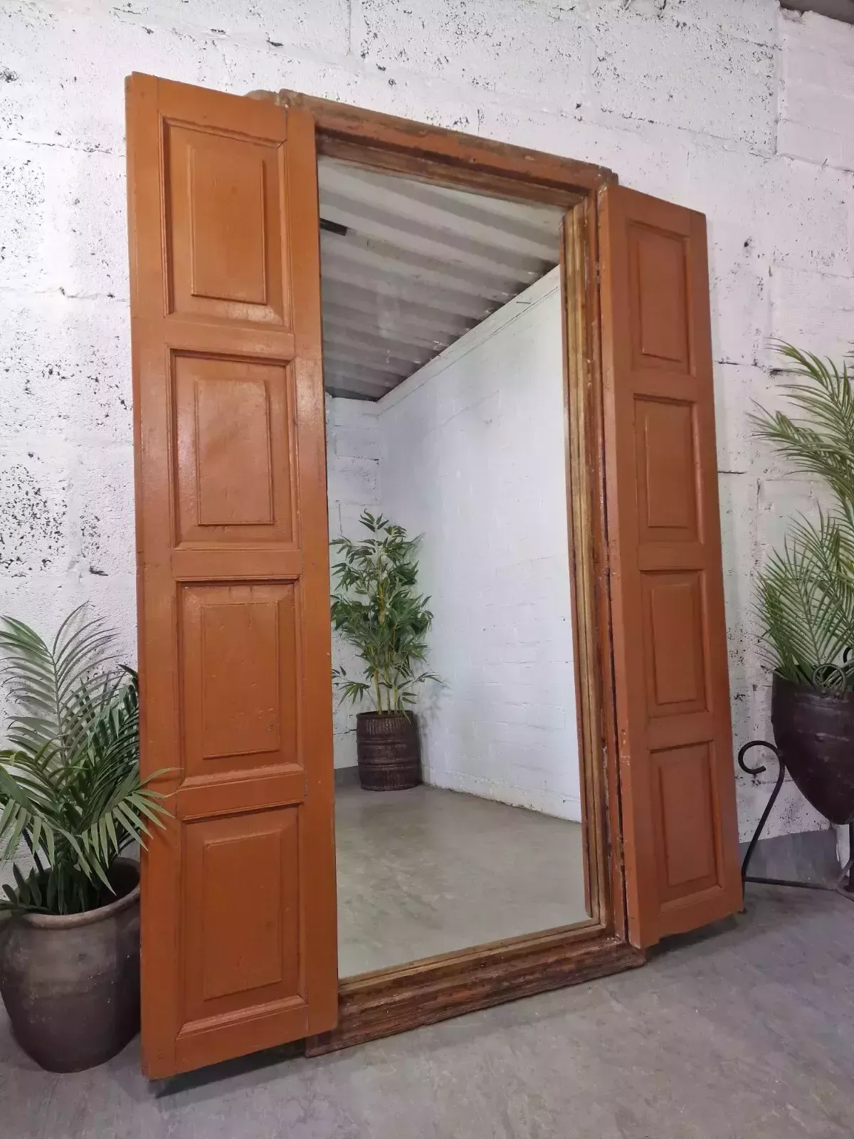 Large Reclaimed Vintage Indian Wooden Wall Window Frame Mirror Home Garden Decor photo vinterior