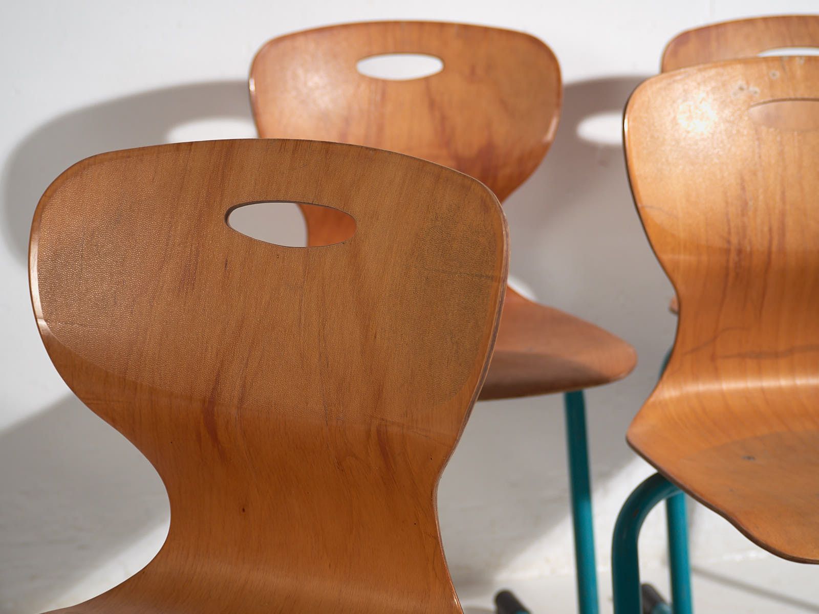 Vintage Turquoise Blue School Chairs (C.1950). Set Of 4 Pieces photo furniture