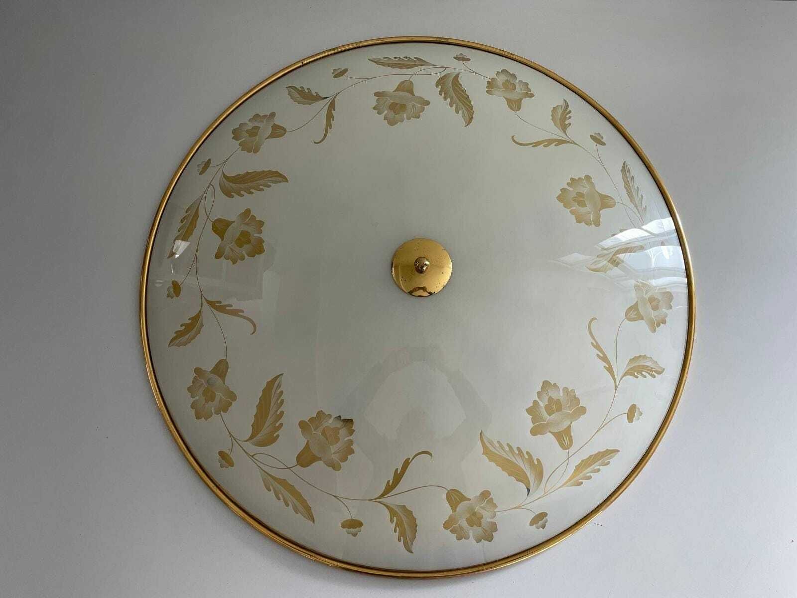 Mid Century Brass And Glass With Flower Motifs Xxl Casino Flush Mount Light, 40s/50s, Italy photo for sale