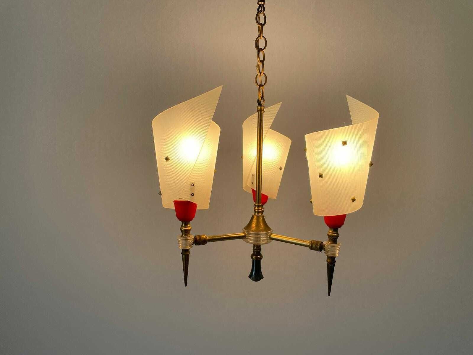 Torch Design Plexiglass And Brass 3 Arm Pendant Lamp By Pierre Guariche, 1950s, France photo for sale