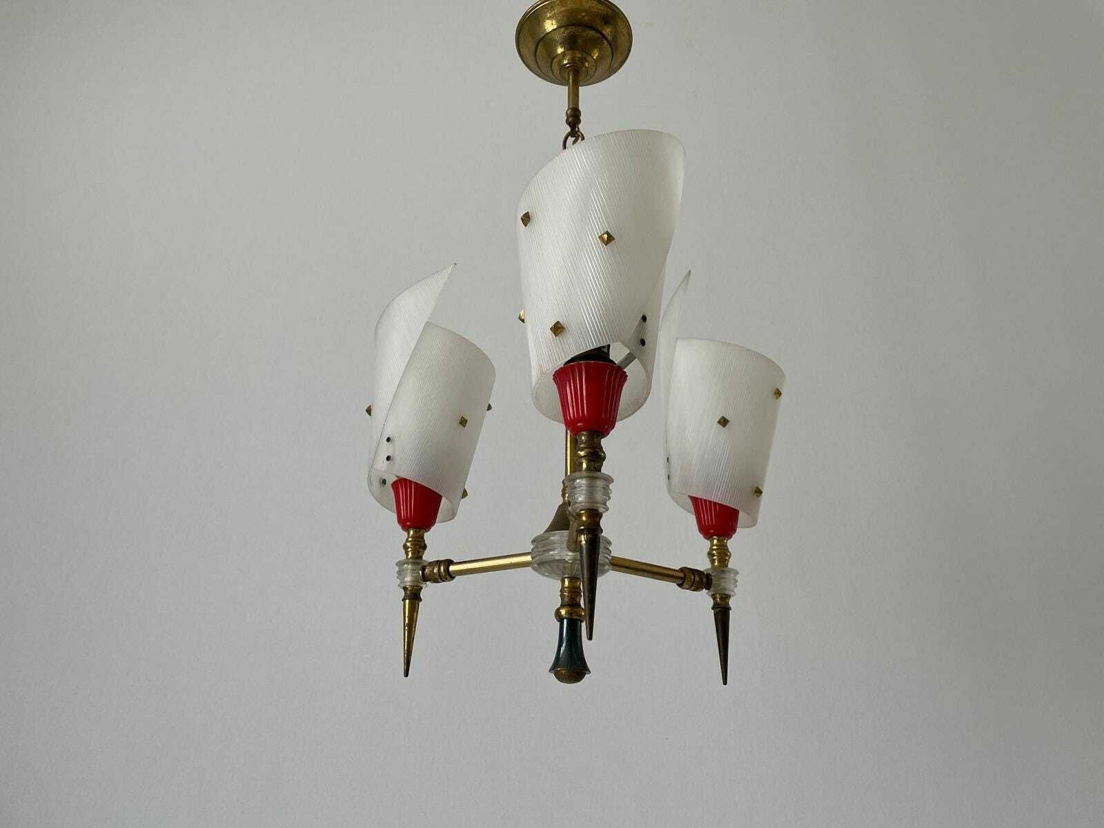 photo for sale Torch Design Plexiglass And Brass 3 Arm Pendant Lamp By Pierre Guariche, 1950s, France