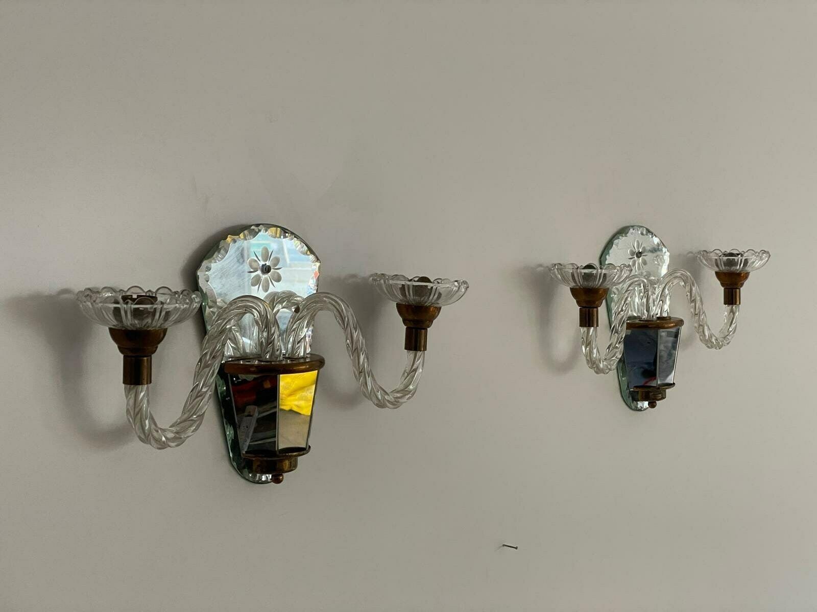 Art Deco 2 Arm Glass & Brass Pair Of Sconces With Fabric Shades, 1940s, France