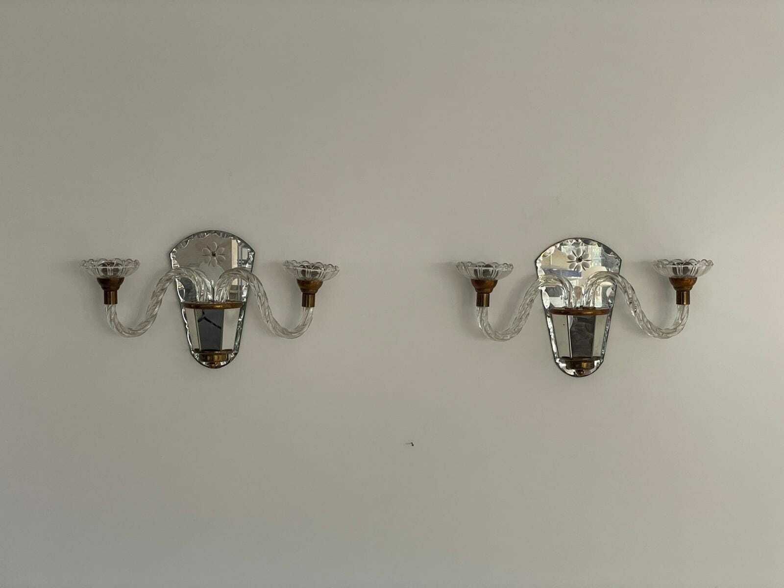 Art Deco 2 Arm Glass & Brass Pair Of Sconces With Fabric Shades, 1940s, France photo for sale