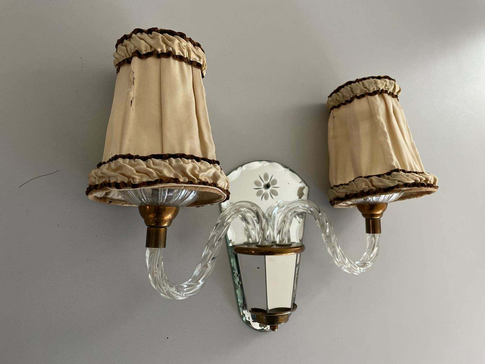 Art Deco 2 Arm Glass & Brass Pair Of Sconces With Fabric Shades, 1940s, France photo vinterior