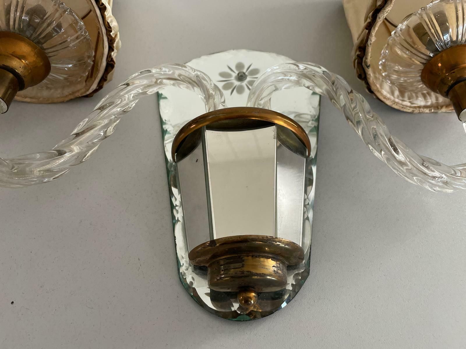 Art Deco 2 Arm Glass & Brass Pair Of Sconces With Fabric Shades, 1940s, France photo buy