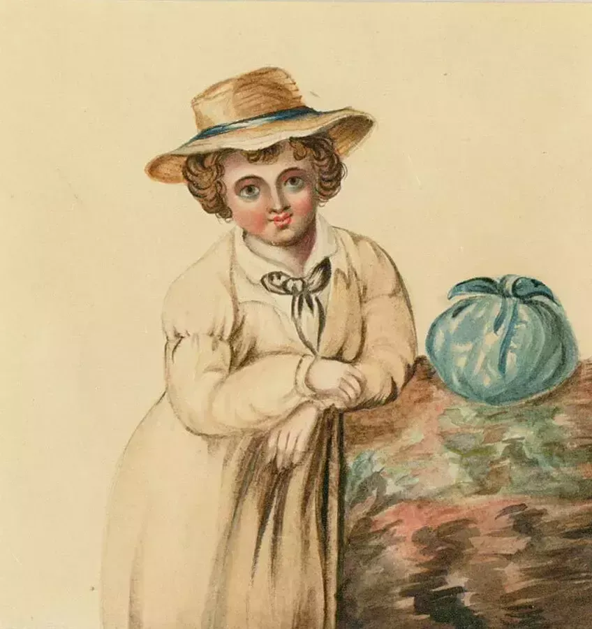 Continental School 19th Century Watercolour   Lady With A Blue Knapsack photo furniture