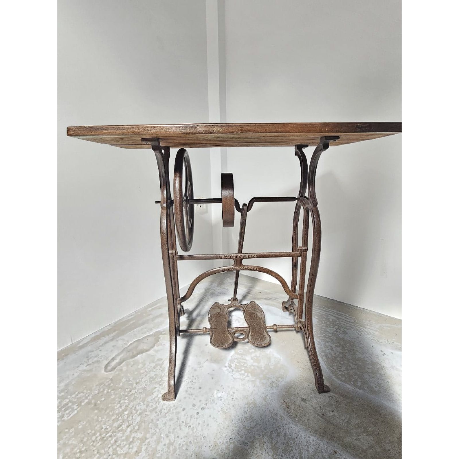 Upcycled Wheeler & Wilson Sewing Machine Table – 1800s Cast Iron Base With Reclaimed Teak Top photo for sale
