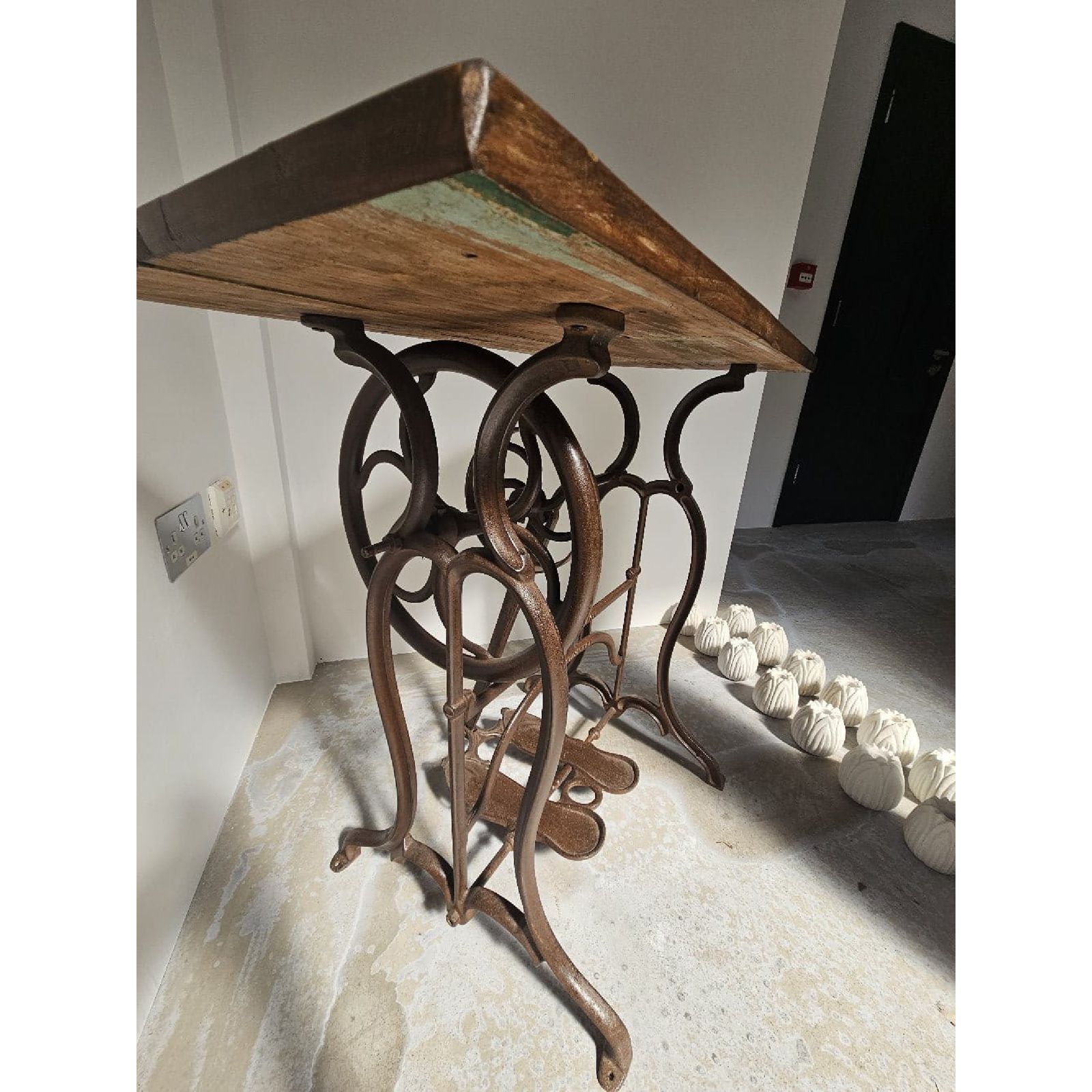Upcycled Wheeler & Wilson Sewing Machine Table – 1800s Cast Iron Base With Reclaimed Teak Top photo vinterior