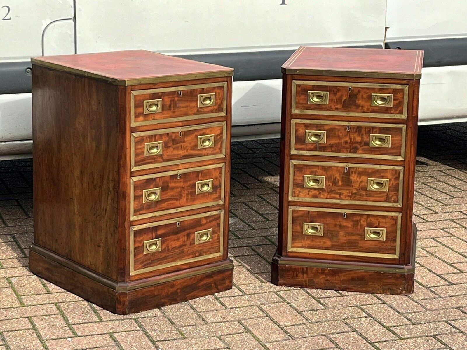 photo furniture Antique Pair Of Bedside Drawers. Mahogany With Brass Bound Decoration