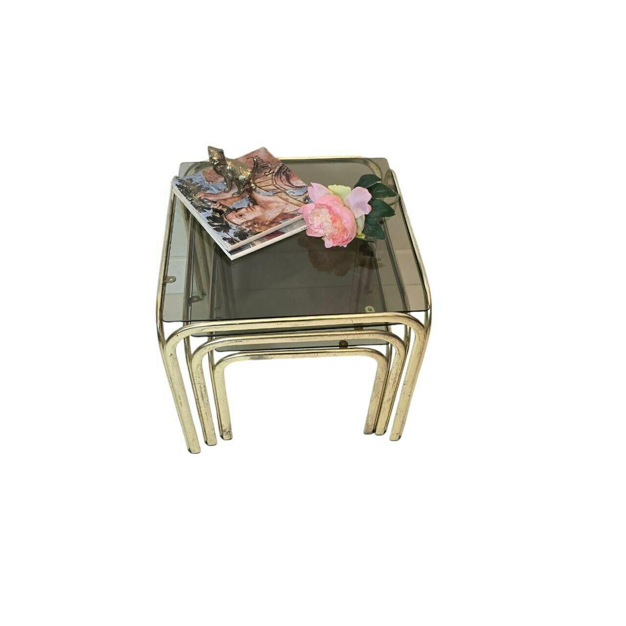 photo for sale Vintage Mid Century Modern Brass And Smoky Glass Nesting Table Set Of 3 Made In Italy
