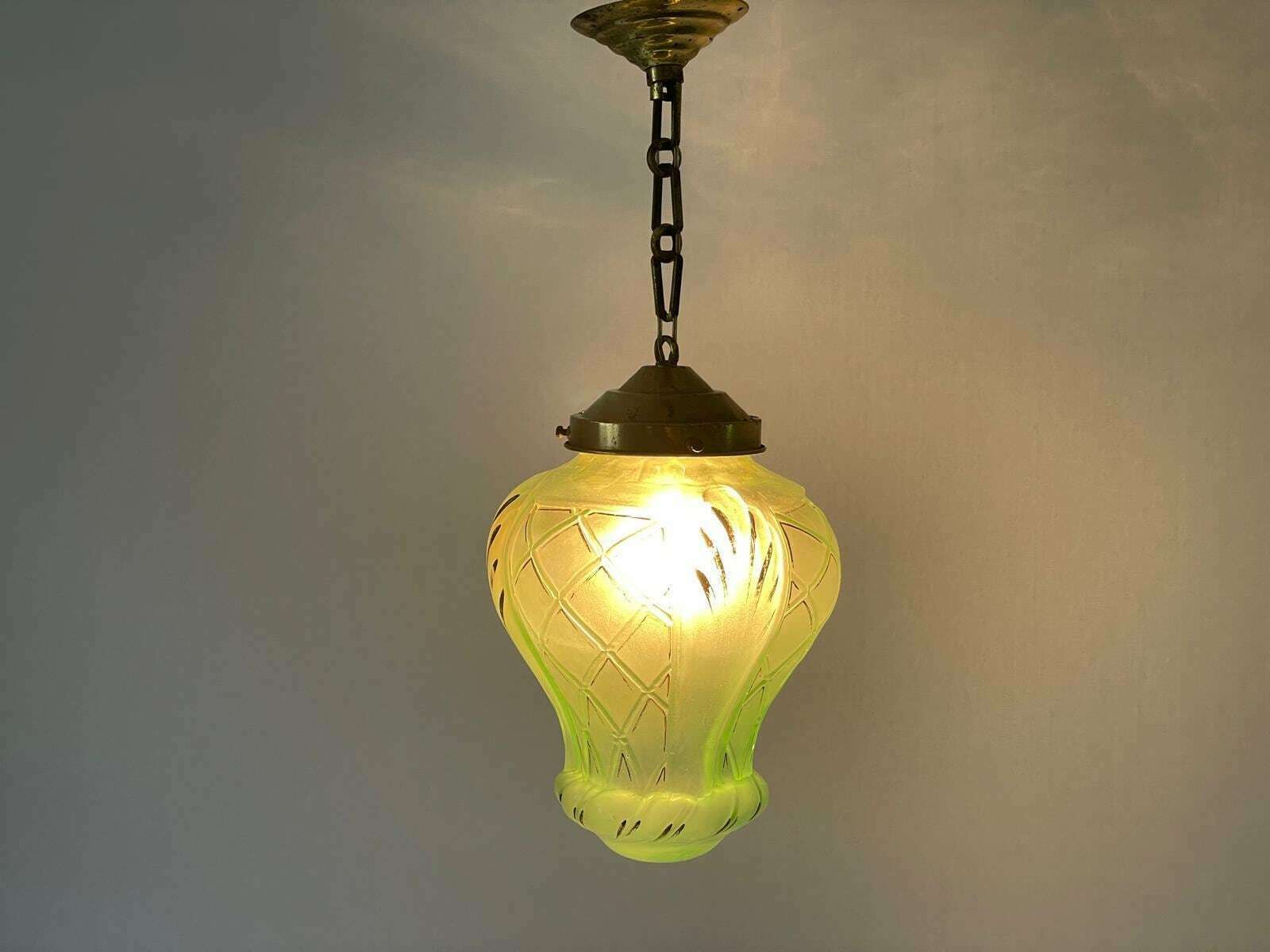 French Green Art Deco Glass Ceiling Lamp, 1940s, France photo Lighting