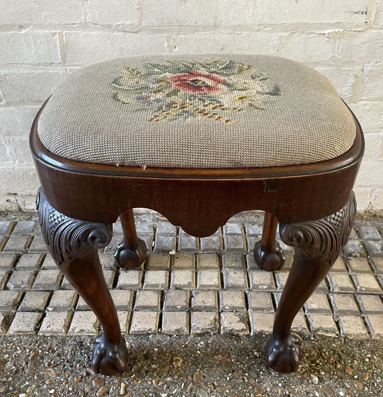 Antique George II Style Walnut Stool With Needlework Seat And Eagle Claw And Ball Feet photo Furniture