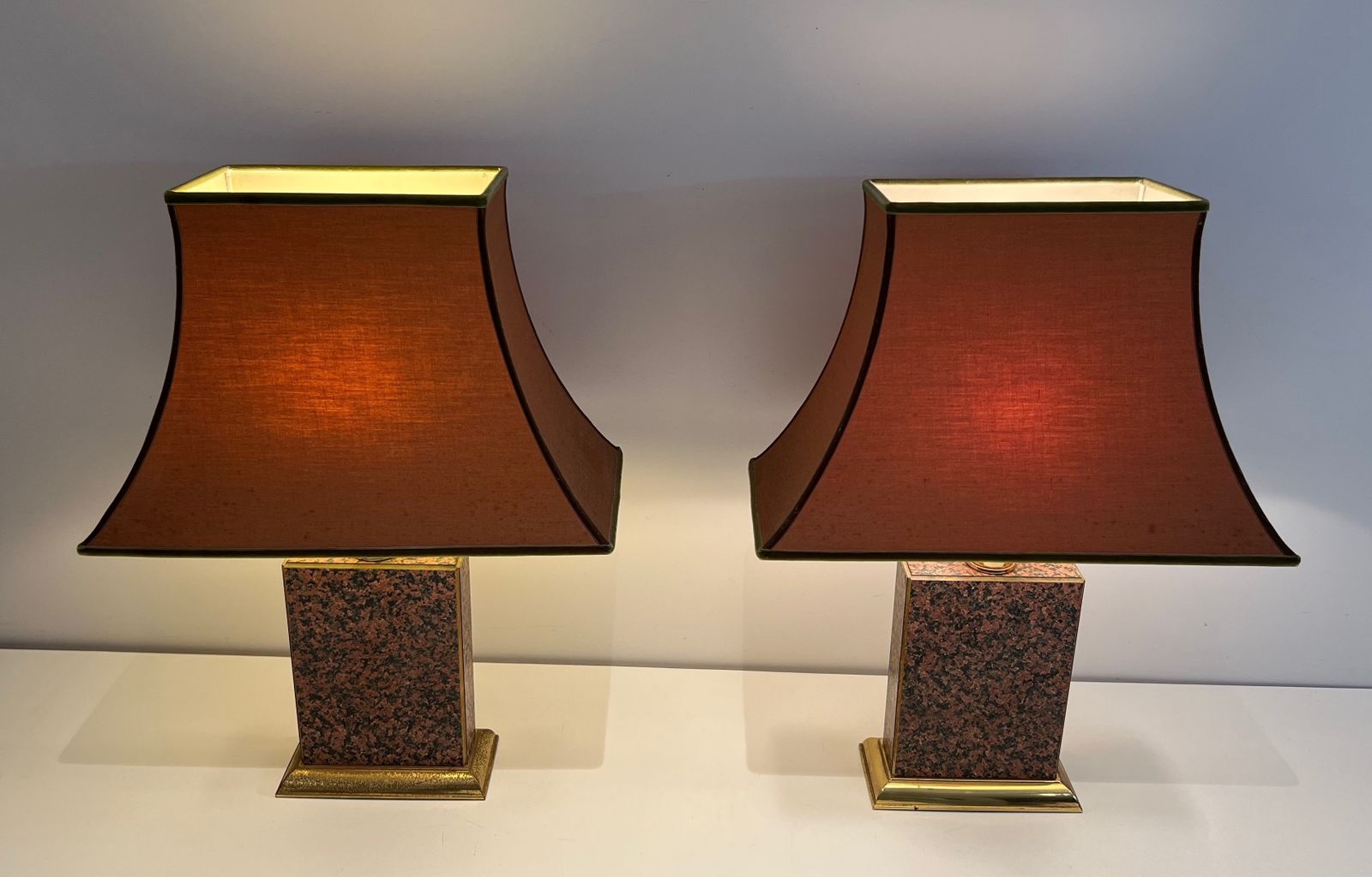 Pair Of Chinese Lamps In Printed Wood And Gilded Metal And Pagoda Lampshade photo for sale