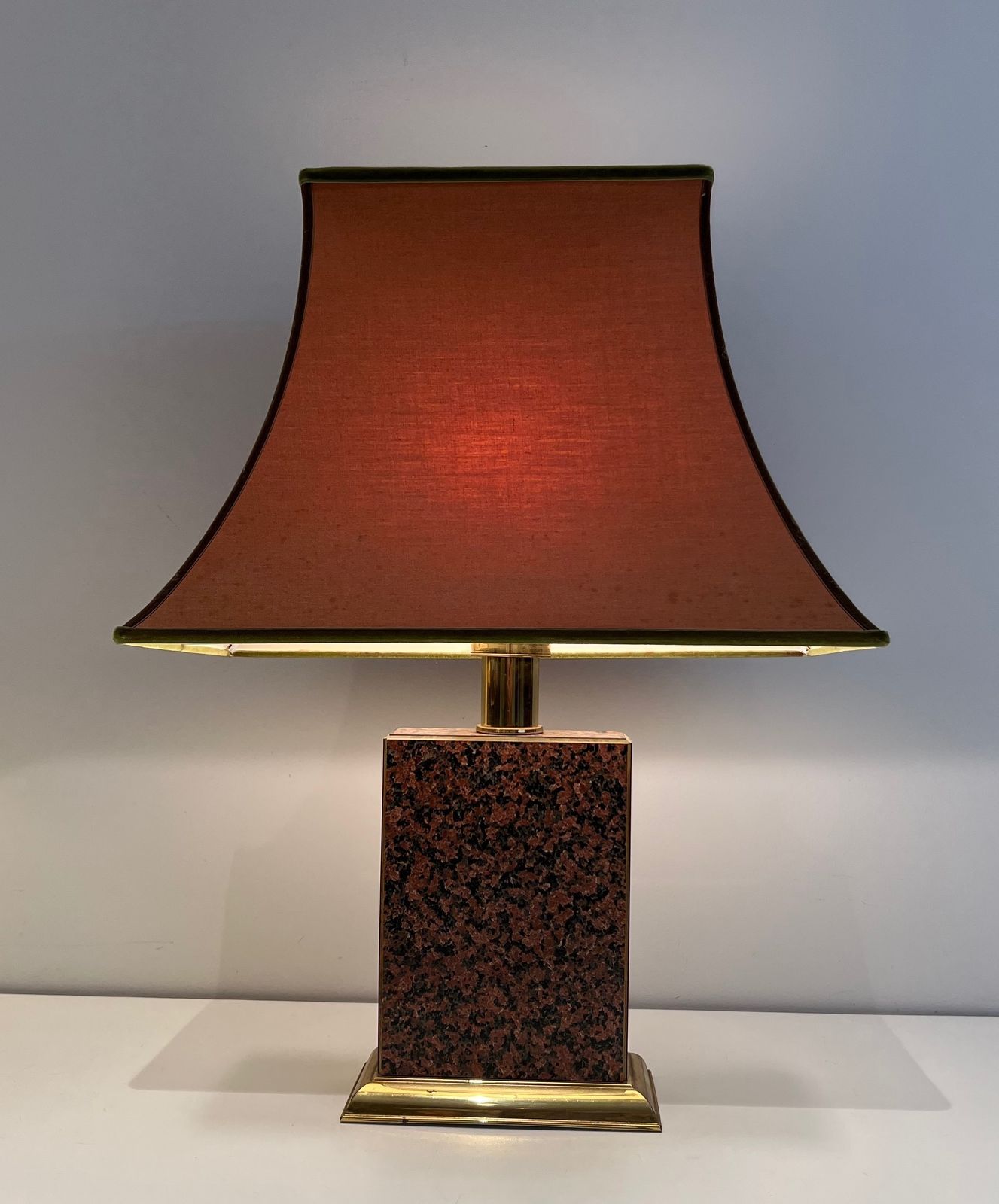 photo for sale Pair Of Chinese Lamps In Printed Wood And Gilded Metal And Pagoda Lampshade