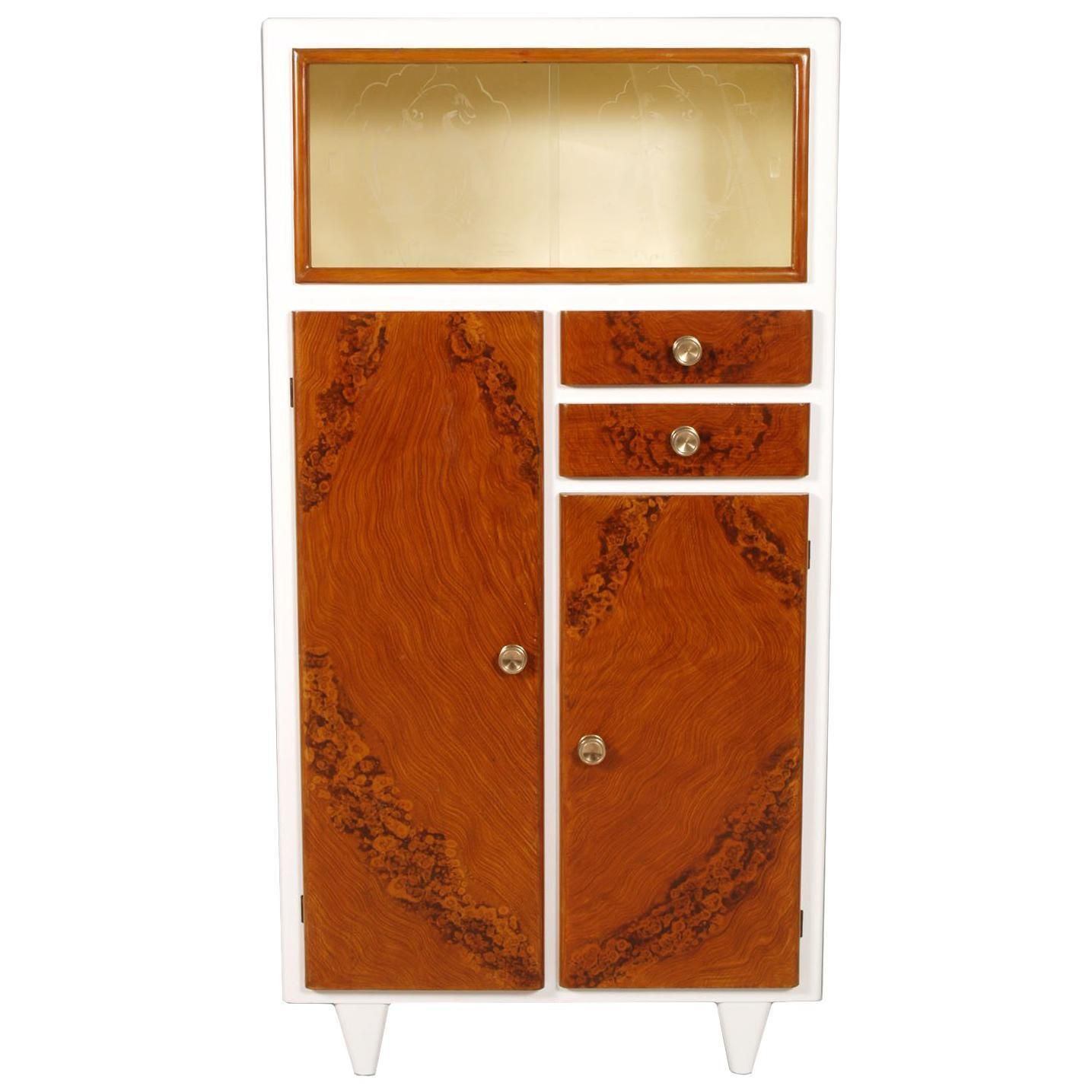 Art Deco Midcentury Credenza Display Cabinet White Lacquered Hand Decorated Wood