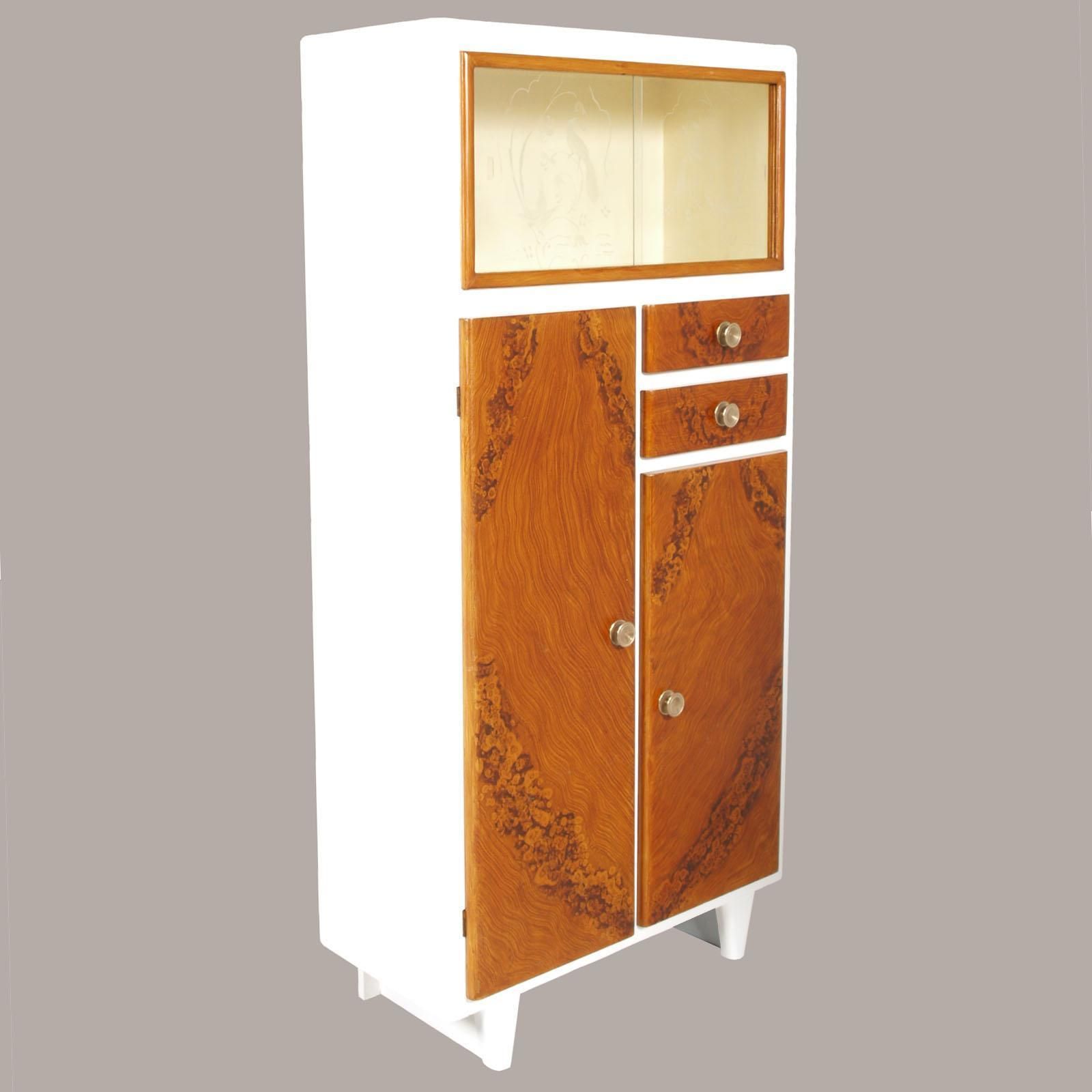 photo for sale Art Deco Midcentury Credenza Display Cabinet White Lacquered Hand Decorated Wood