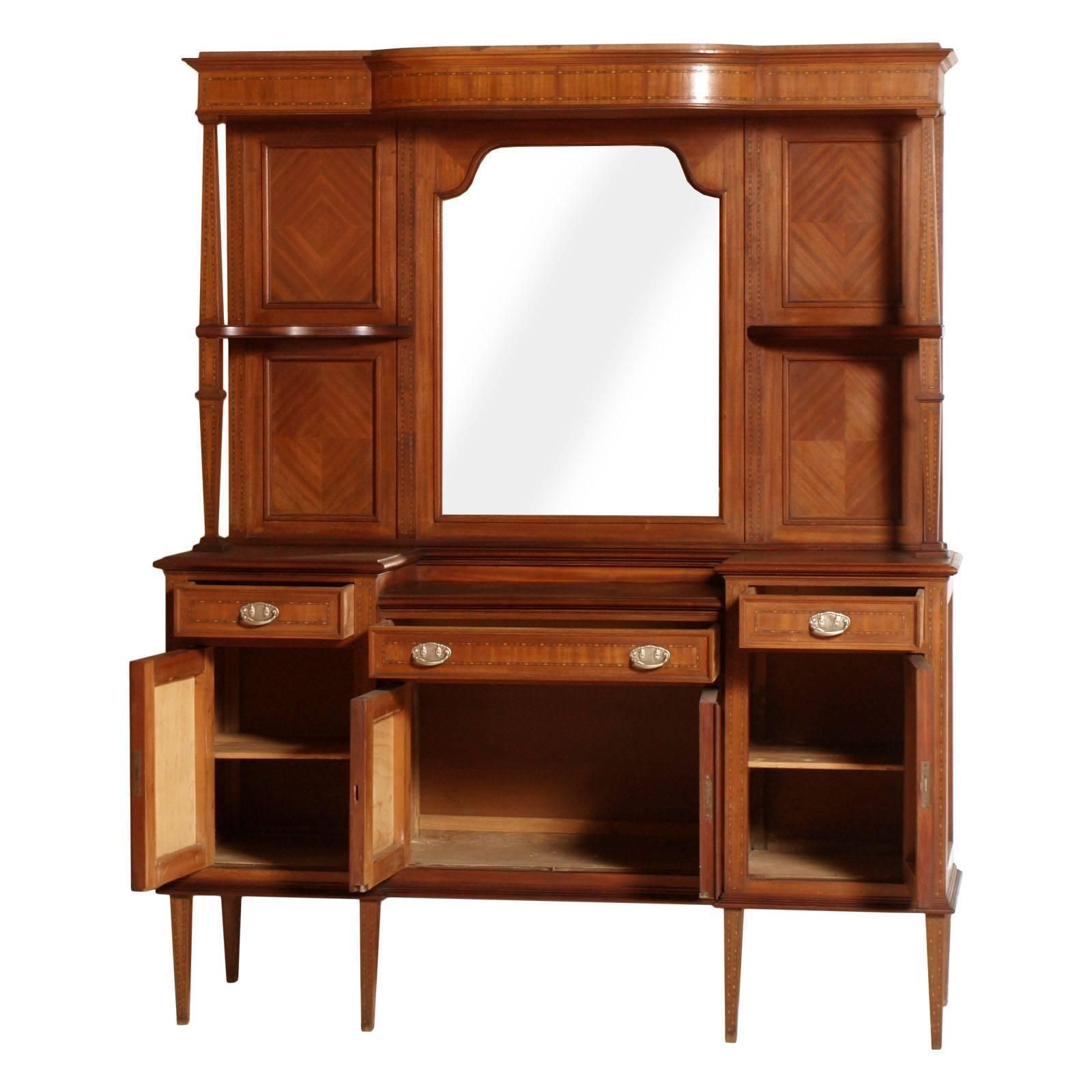 Early 20th Century Credenza Sideboard Belle Epoque, Walnut, Mahogany Maple Inlay photo for sale