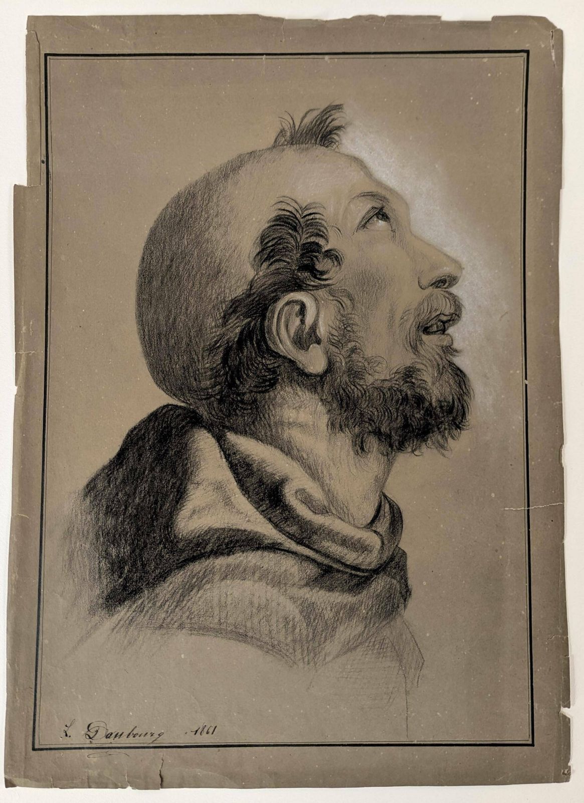 Antique French Pencil Drawing Of A Monk Or Saint Francis By L. Danbourg Circa 1880, Original Art From France