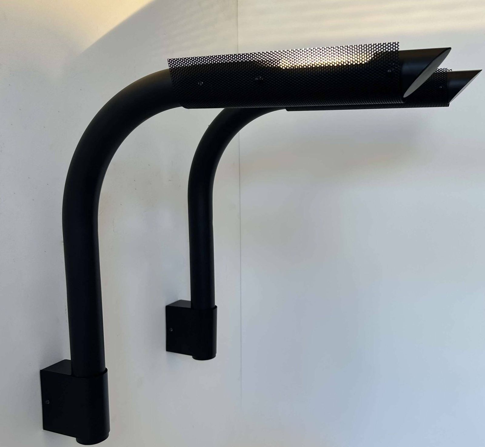 Pair Of Black Tubular And Perforated Metal Wall Lights By Parscot, France 1980