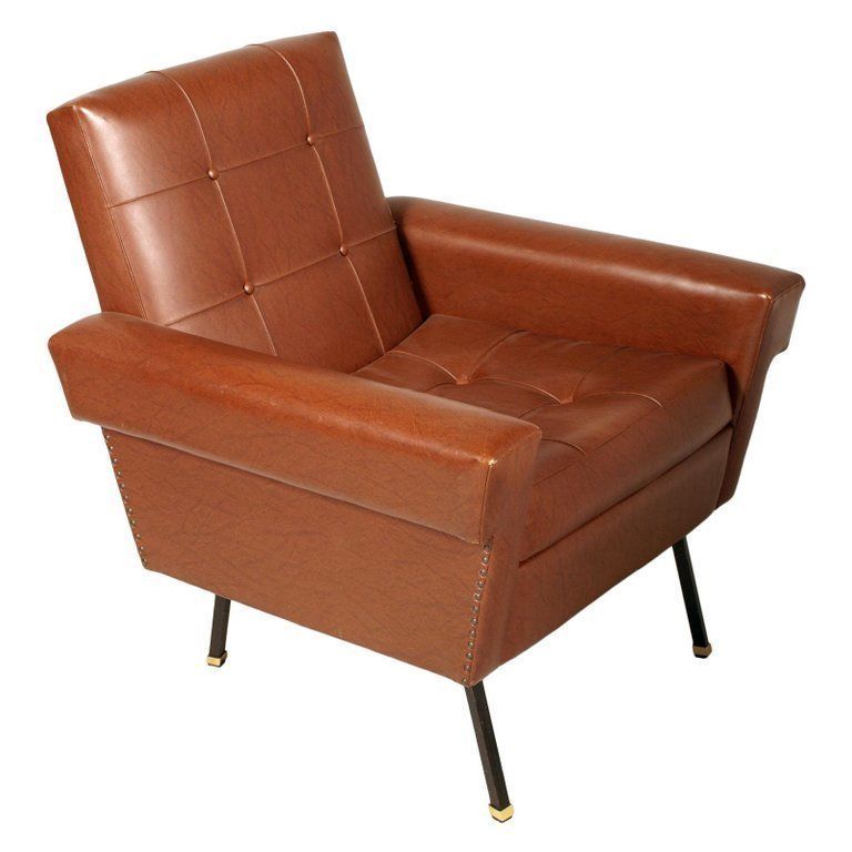Italy 1960s Cubist Armchairs, Iron Legs, Faux Leather Quilted Upholstery