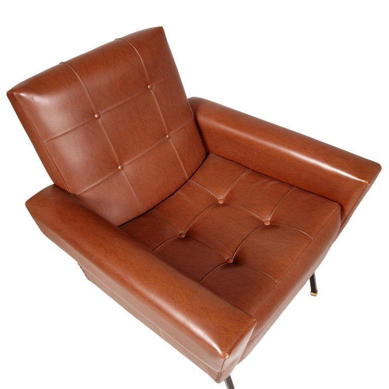 Italy 1960s Cubist Armchairs, Iron Legs, Faux Leather Quilted Upholstery photo furniture