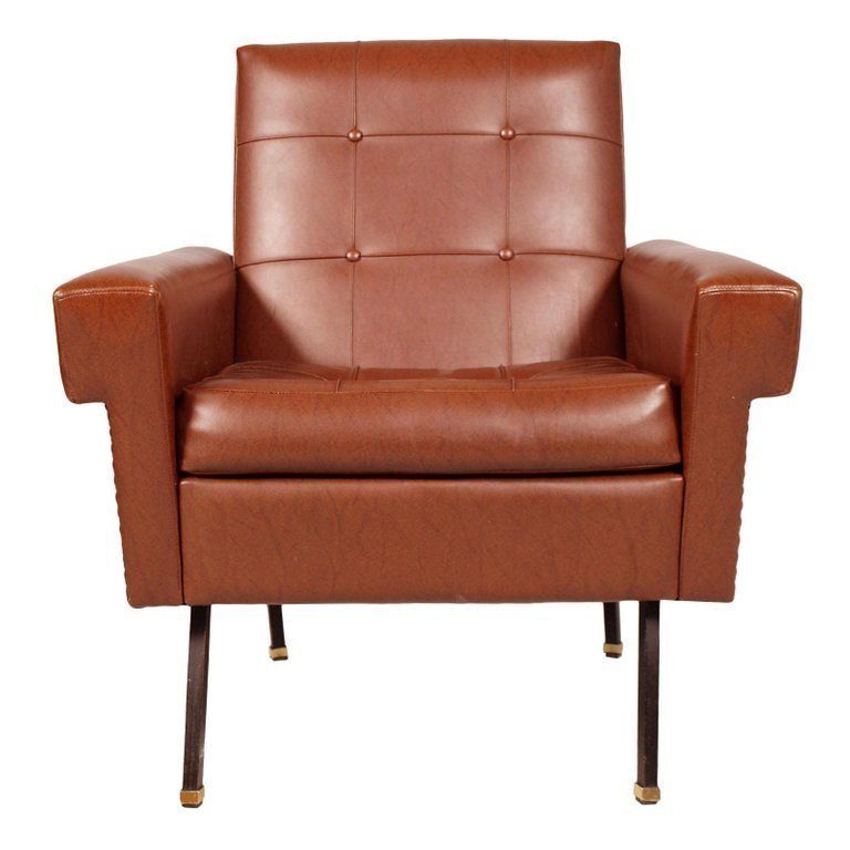 Italy 1960s Cubist Armchairs, Iron Legs, Faux Leather Quilted Upholstery photo for sale