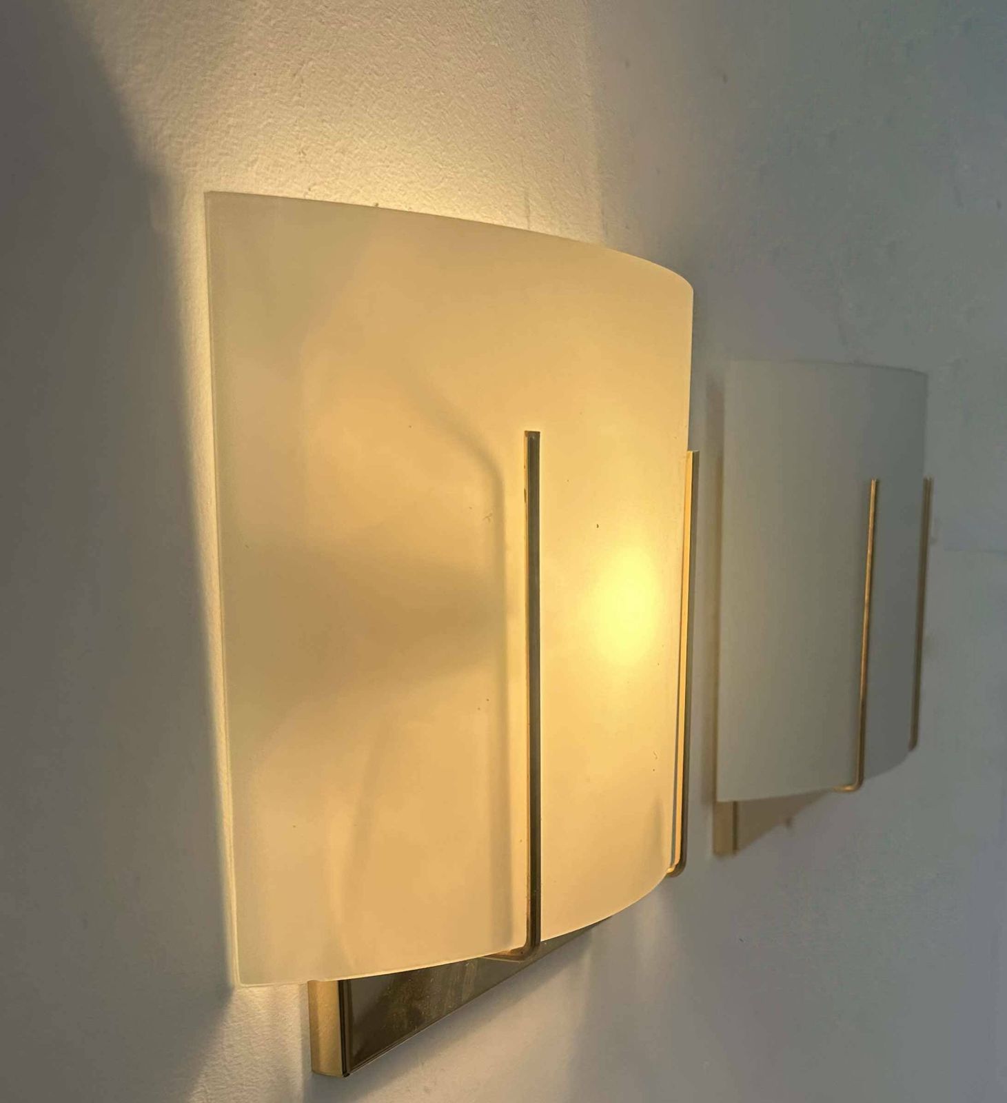 Pair Of Vintage Wall Lights, Gilded Brass And Sandblasted Glass, Italy 1970