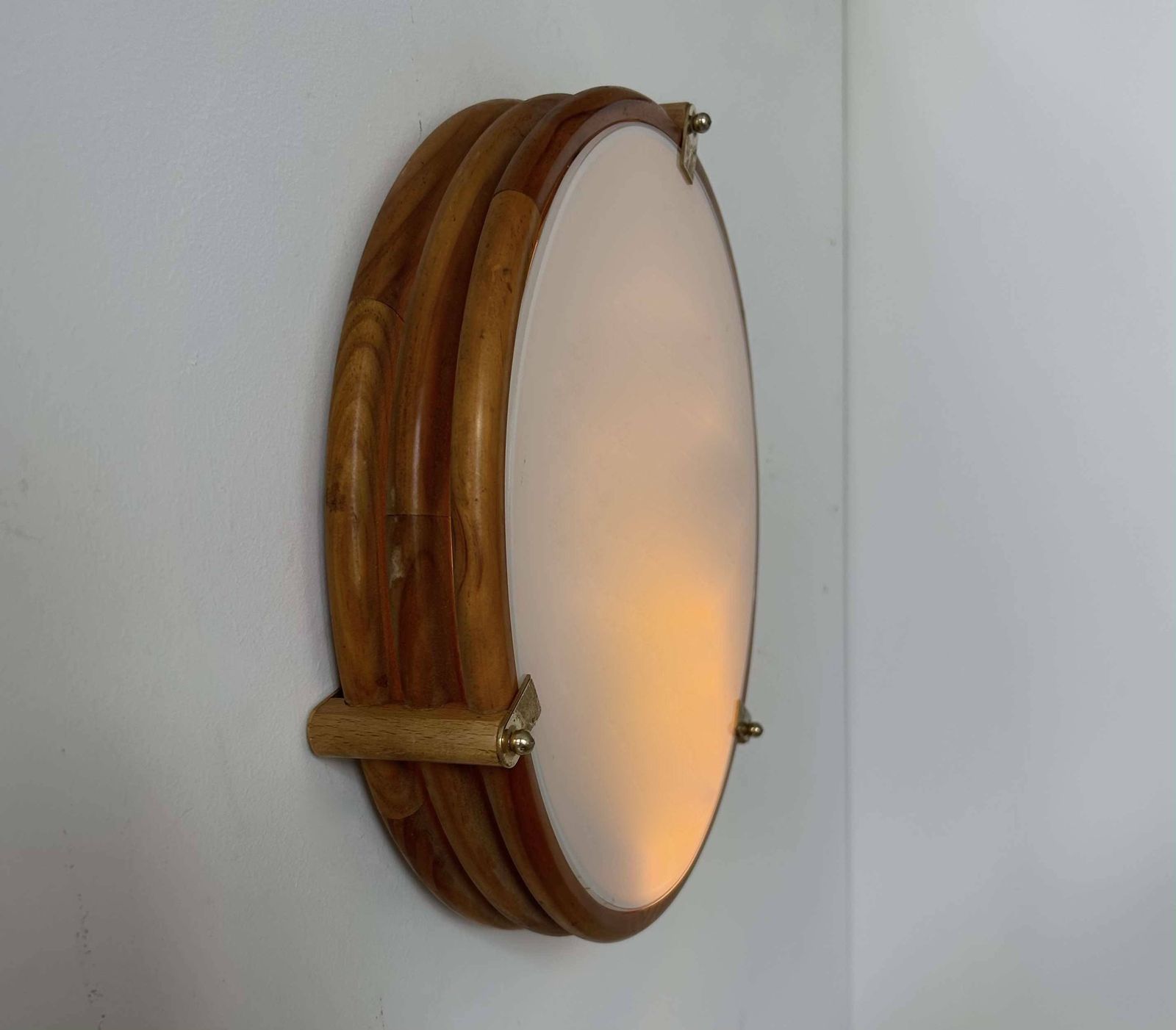 Vintage Round Wall Light, Wood, Glass And Brass, France 1980 photo for sale