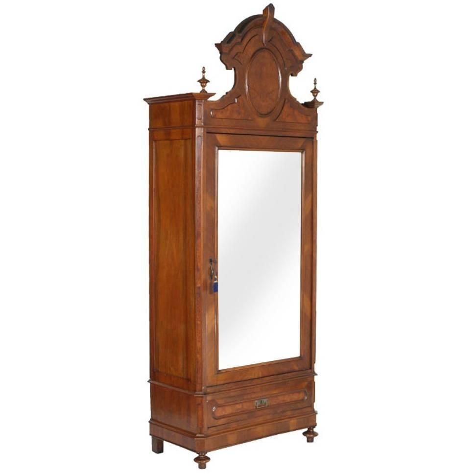 1850s Original Louis Philip Armoire Wardrobe Cupboard, Mirrored In Carved Walnut