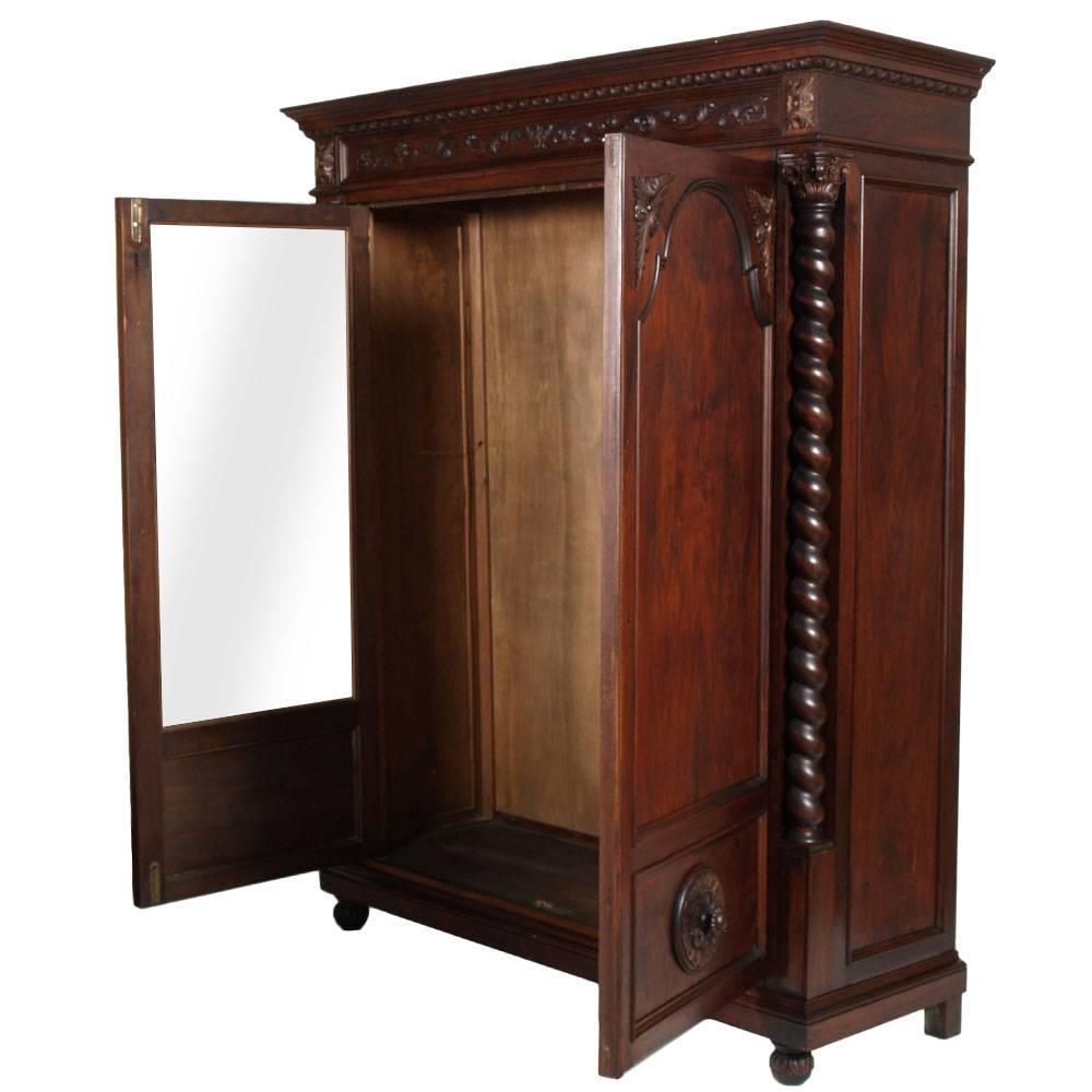 1890s Renaissance Revival Cupboard Wardrobe In Carved Walnut Finished To Wax