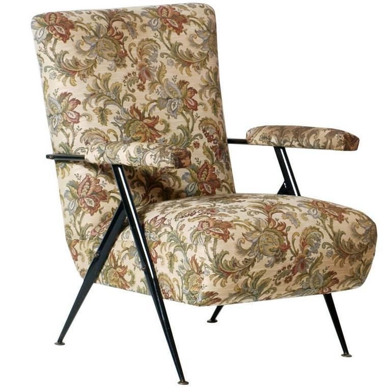 Mid Century Modern Armchair Club Chair In Black Metal With Original Upholstery
