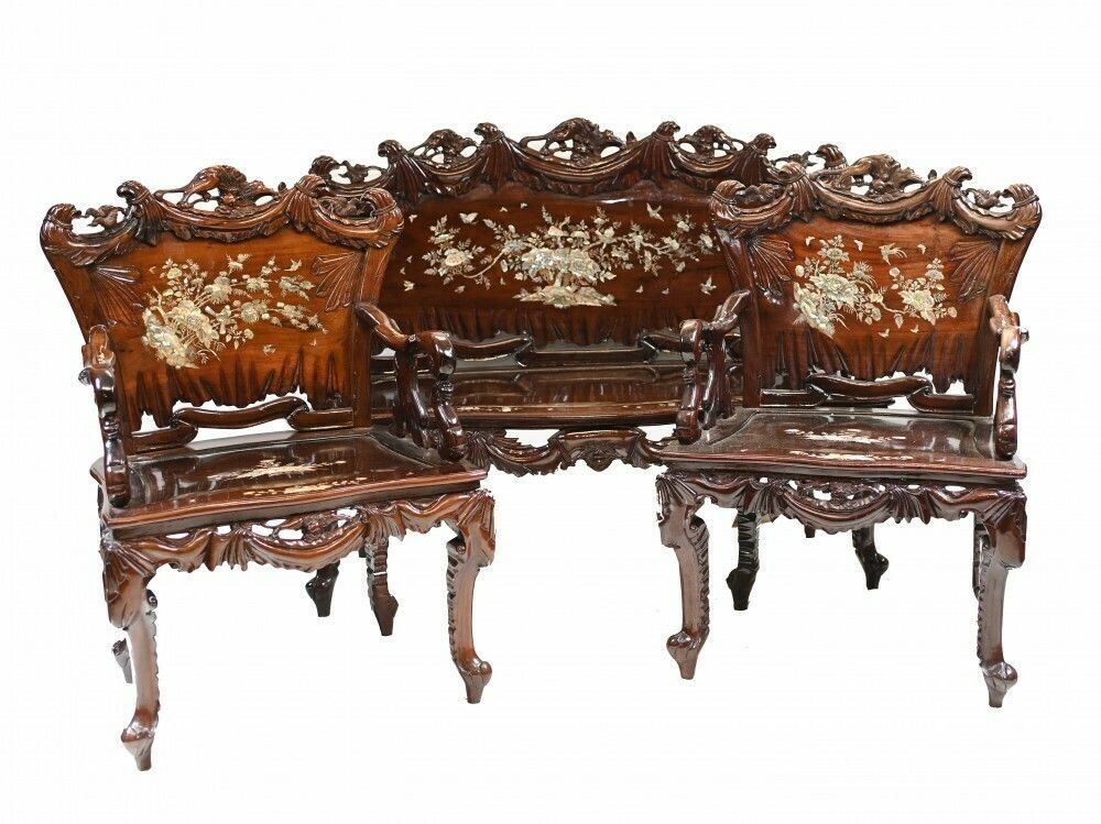 Chinese Hardwood Bench And Chair Set Suite Mother Of Pearl 1900