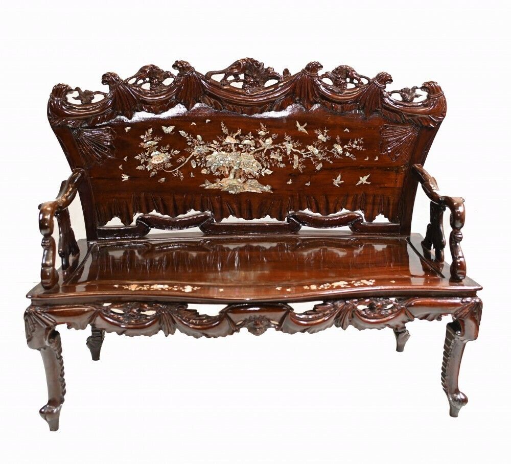 Chinese Hardwood Bench And Chair Set Suite Mother Of Pearl 1900 photo Furniture