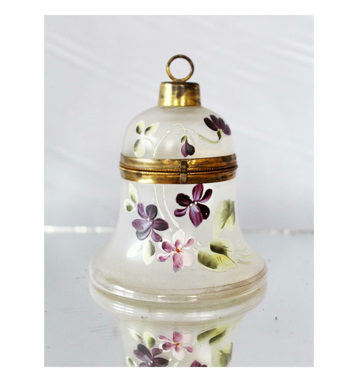 Antique Victorian Bell Shaped Glass Box, Enamelled Jewelry Box, Trinket Box, Hand Painted, Brass Gilt Hinged Top, Christmass Tree Decor