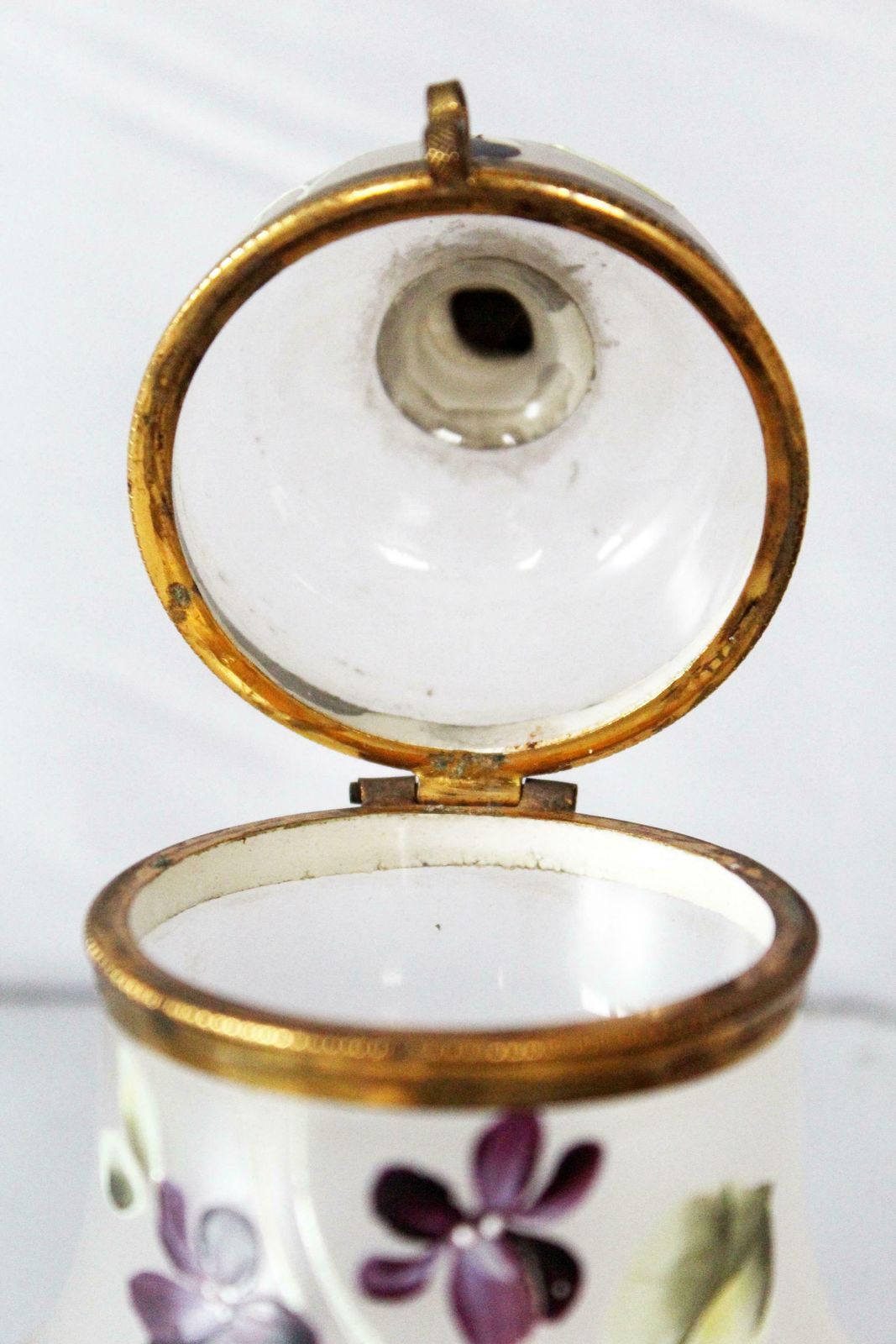 Antique Victorian Bell Shaped Glass Box, Enamelled Jewelry Box, Trinket Box, Hand Painted, Brass Gilt Hinged Top, Christmass Tree Decor photo for sale