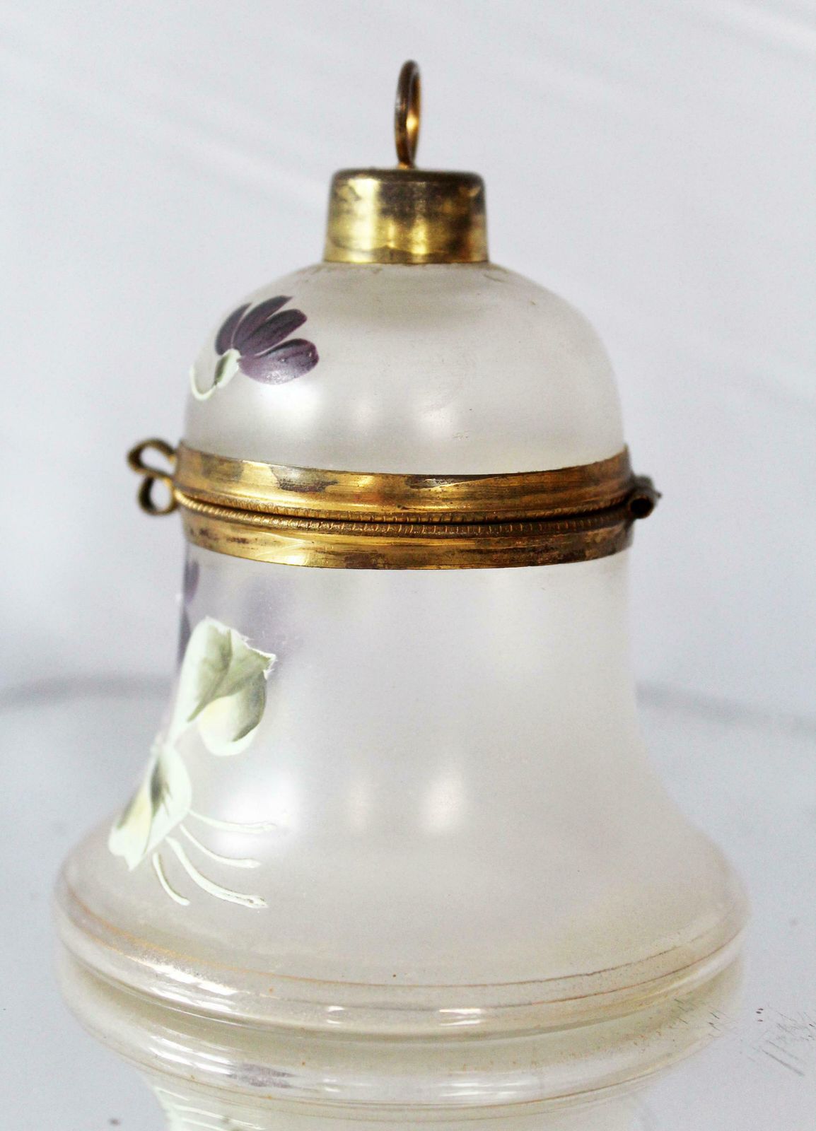Antique Victorian Bell Shaped Glass Box, Enamelled Jewelry Box, Trinket Box, Hand Painted, Brass Gilt Hinged Top, Christmass Tree Decor photo Home Decor