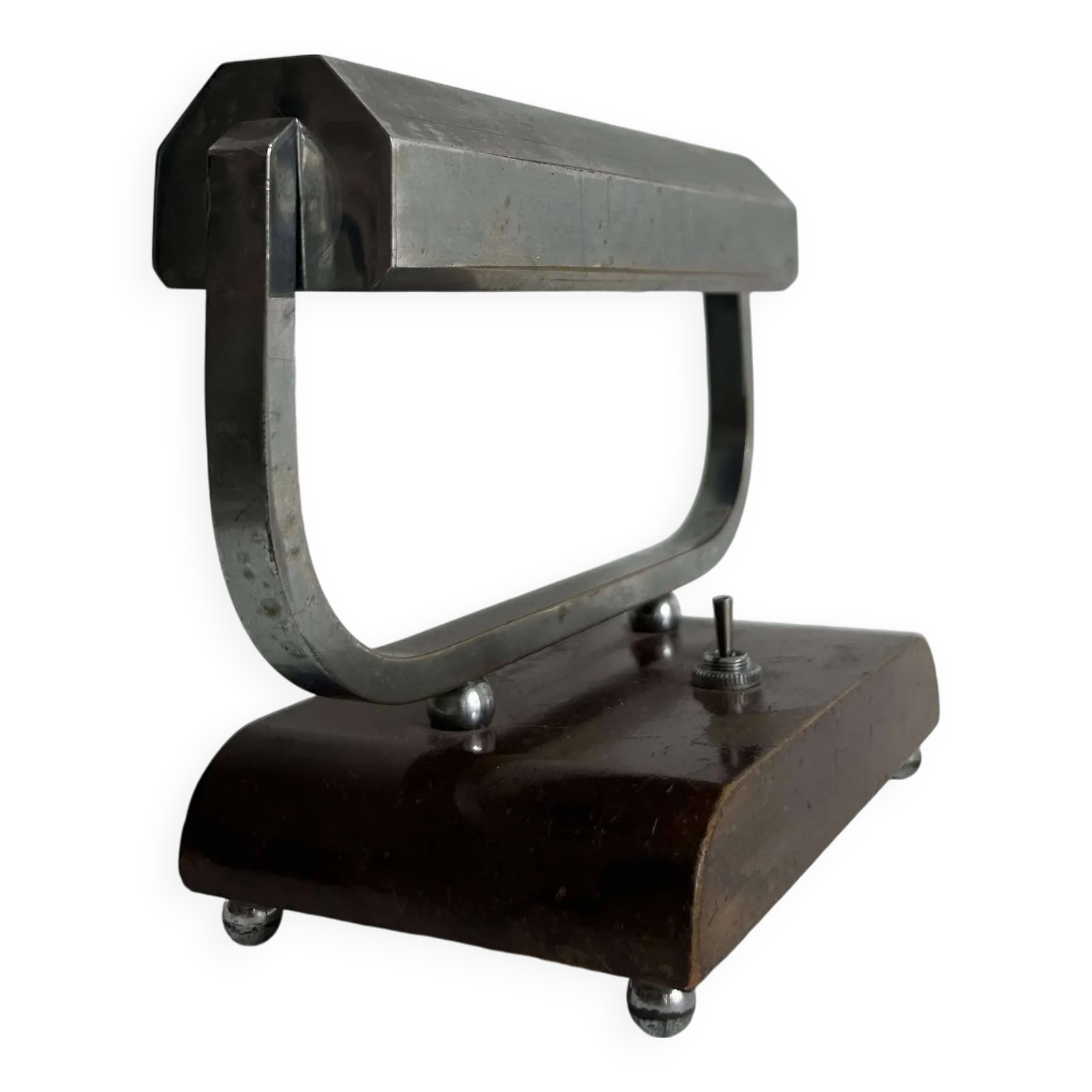 Modernist Art Deco Desk Lamp In Chromed Metal And Wood, France 1930