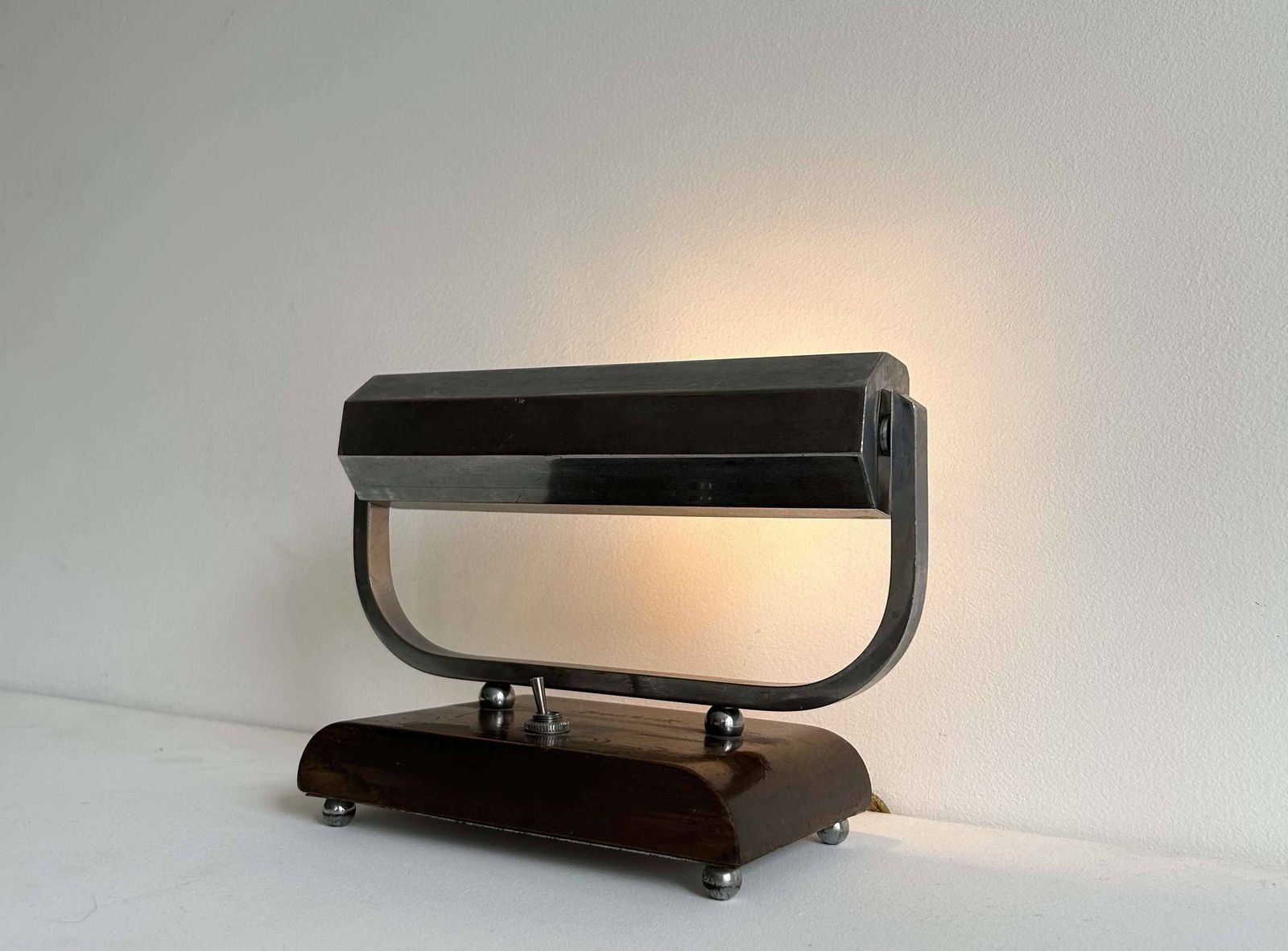 Lighting Modernist Art Deco Desk Lamp In Chromed Metal And Wood, France 1930 photo