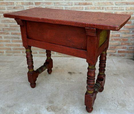 photo furniture Red Lacquered Console Table With Gilt Accents And Carved Apron, 1940s