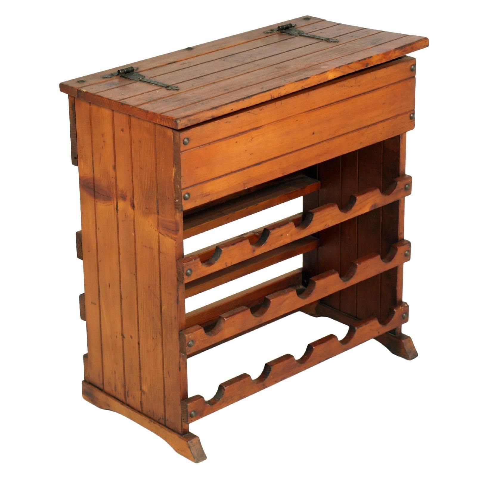 Italian Midcentury Tavern Cabinet With Bottle Rack In Pine Polished With Wax