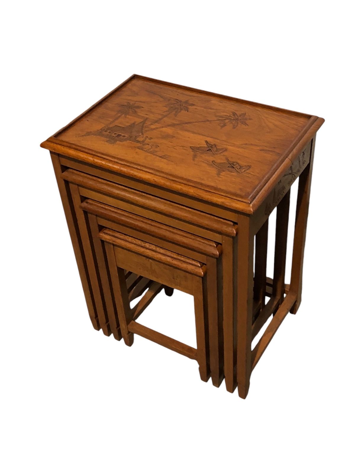 Handsome Vintage Carved Teak Nest Of Four Tables photo furniture