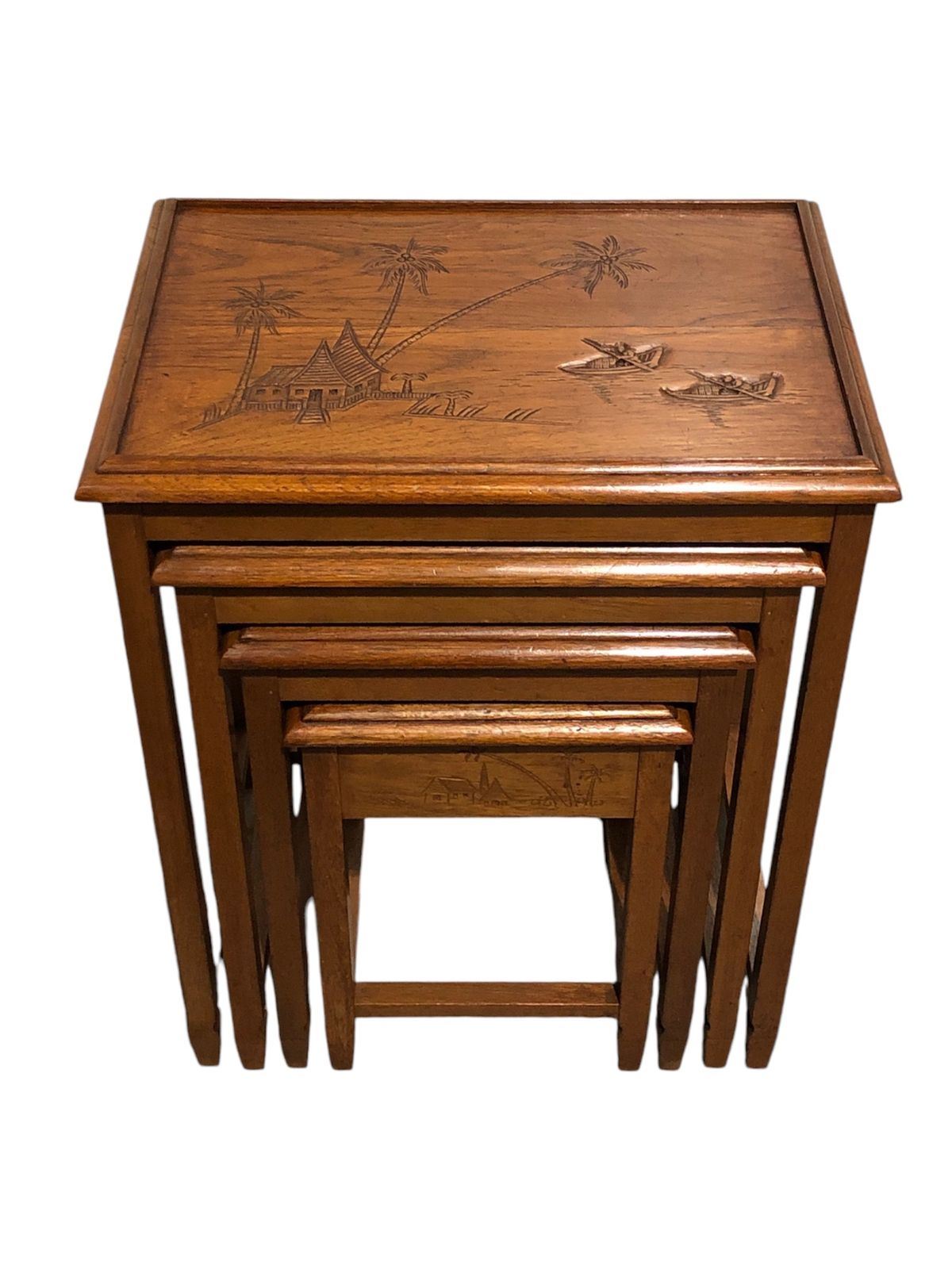 Handsome Vintage Carved Teak Nest Of Four Tables photo for sale