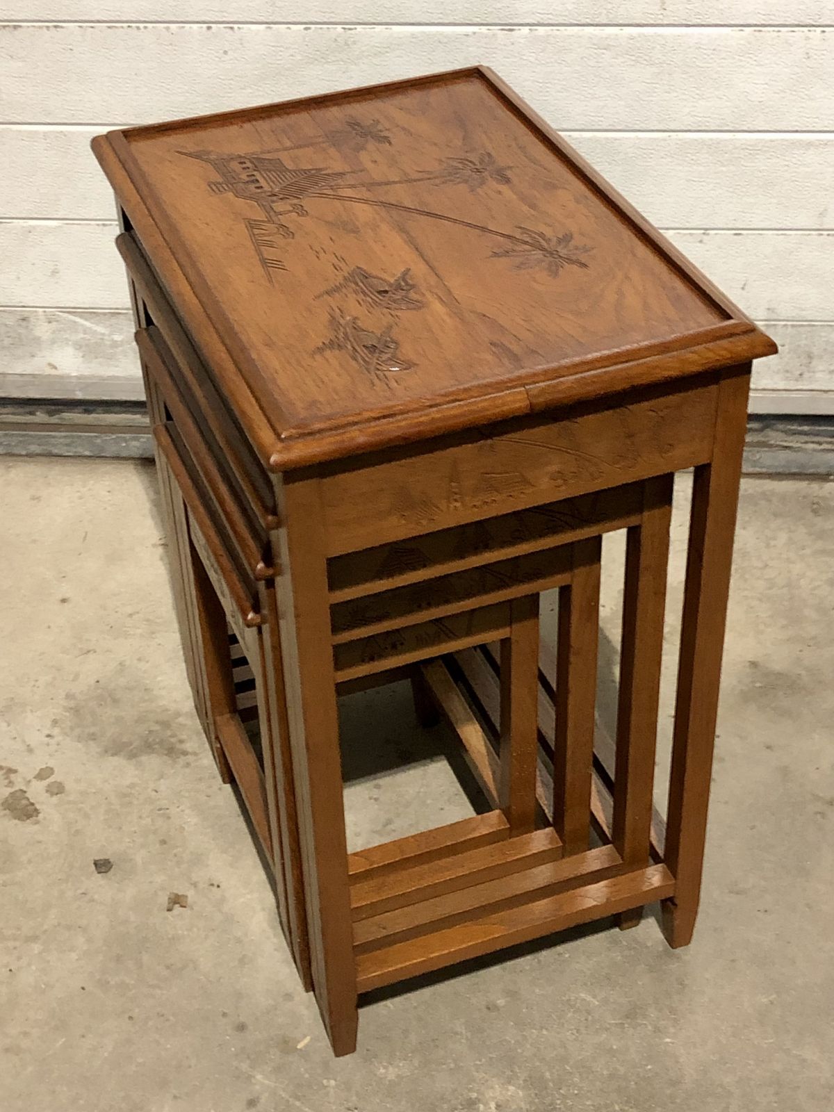 277.0 Handsome Vintage Carved Teak Nest Of Four Tables photo