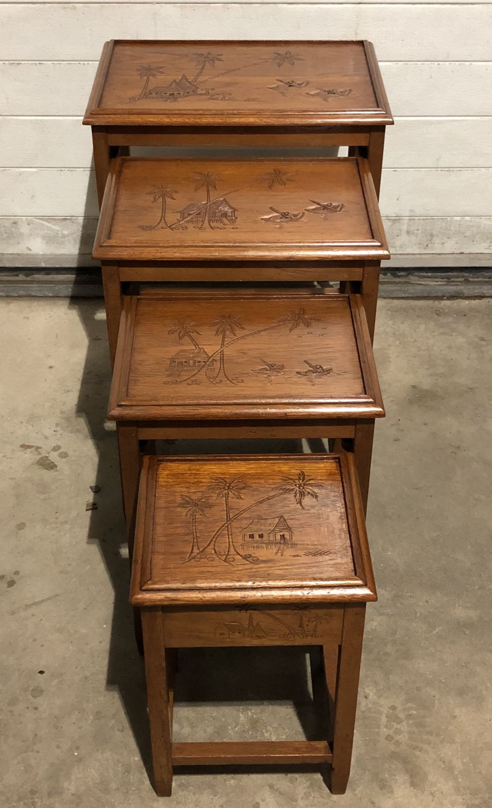photo vinterior Handsome Vintage Carved Teak Nest Of Four Tables
