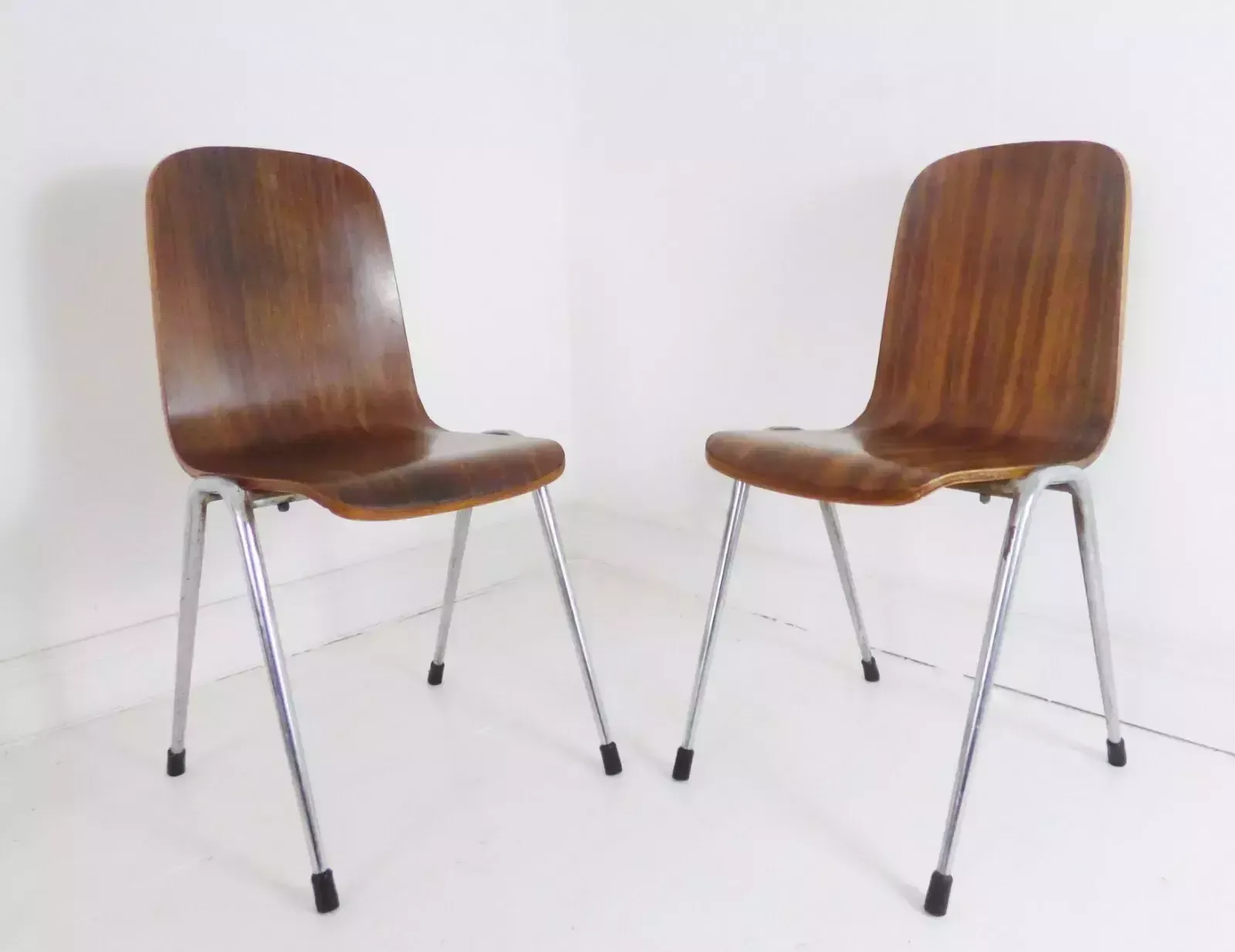 Stunning Pair Of Vintage Neil Morris Walnut & Teak Plywood Toby Stacking Chairs