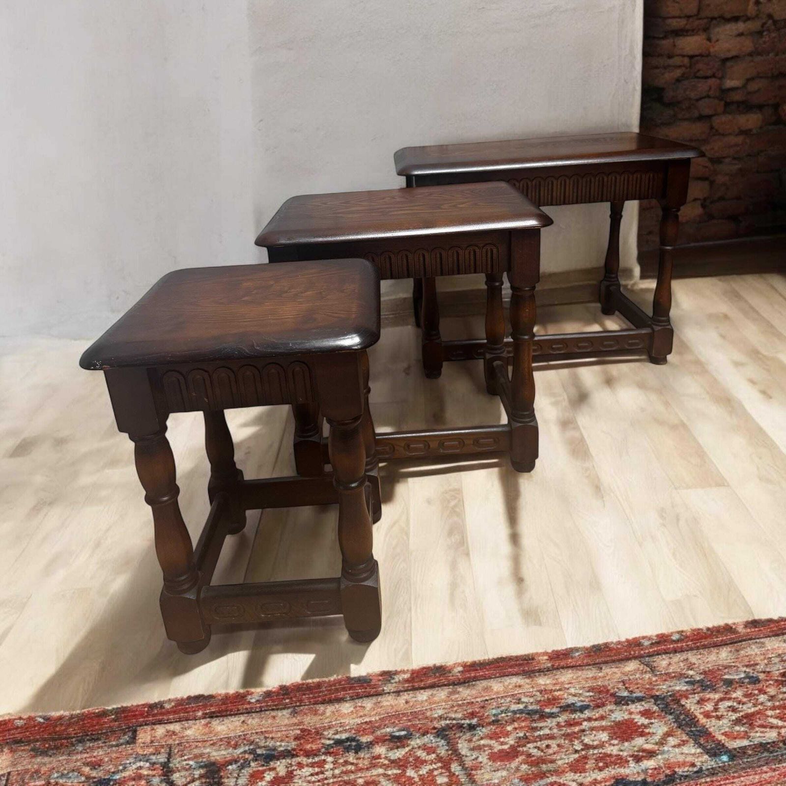 Vintage Priory Oak Tudor Style Nest Of 3 Tables / Dark Brown C1960 photo Furniture