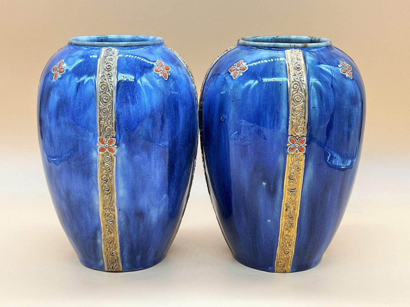 Antique Pair Of Florrie Jones Royal Doulton Pottery Vases. 8565a. C1910. photo for sale