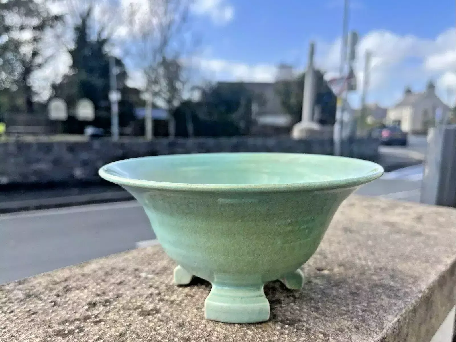 Antique Art Deco 1930's Harrow Weald Studio Art Pottery Green Glazed Footed Bowl