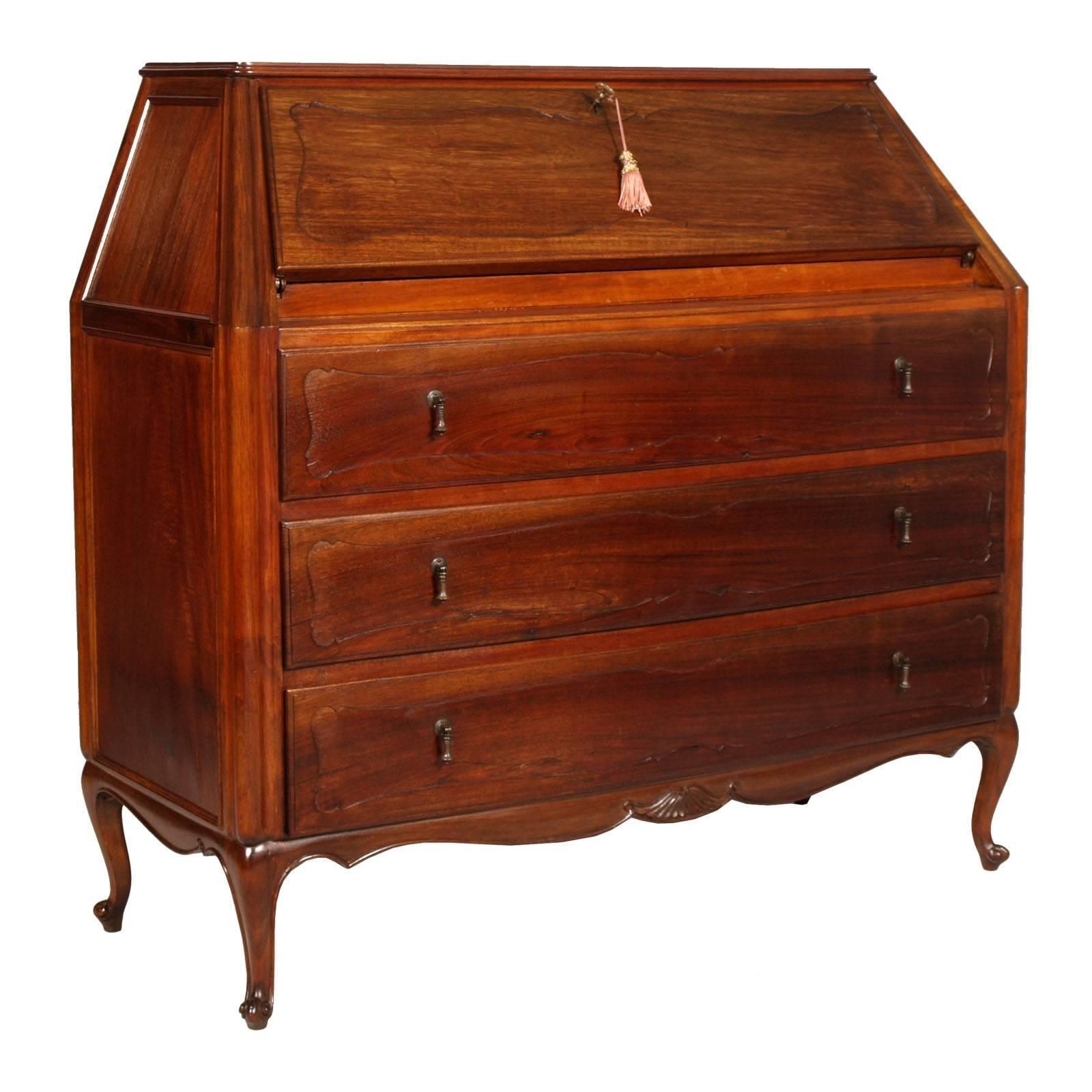 Italian 1940s Troumeau Desk , By Permanente Mobili Cantù, Carved Walnut, Gio Ponti Attributed
